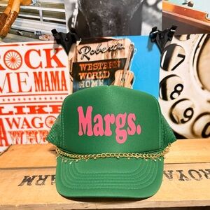 Green 'Margs.' Trucker Hat with Pink Script & Gold Chain